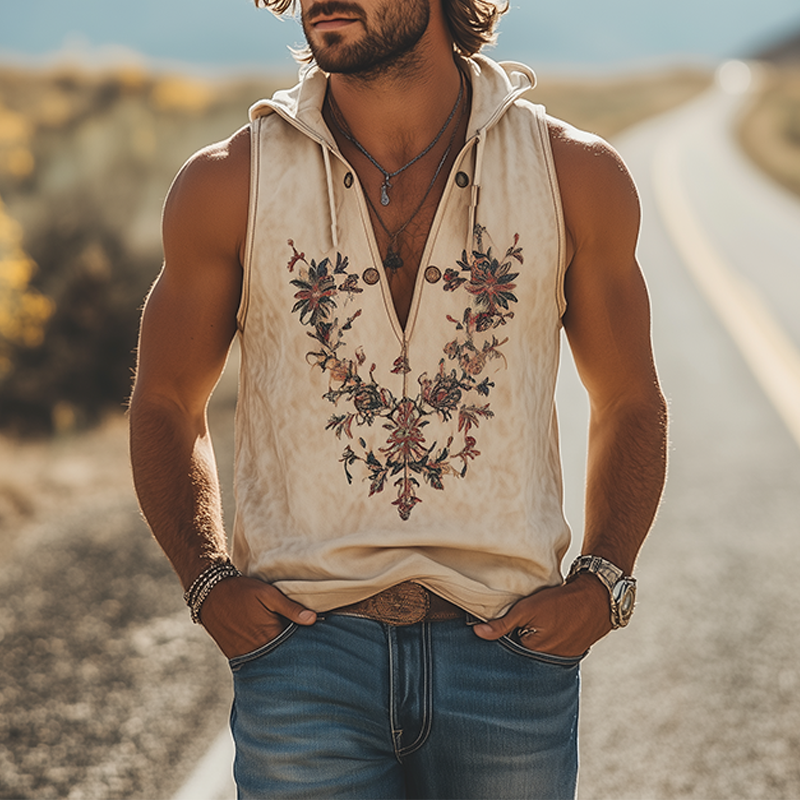 Men's Summer Casual Retro Western Style Deep V-Neck Hooded Suede Embroidered Tank Top 