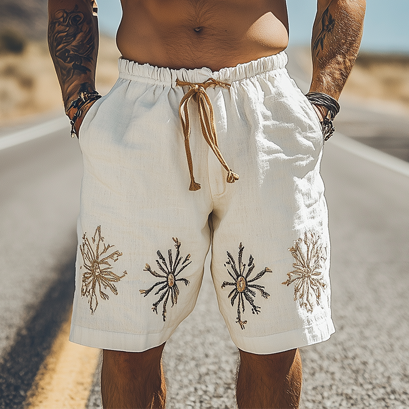 Men's Summer Fashion Casual Western Style Ramie Embroidery Elastic Waist Shorts 