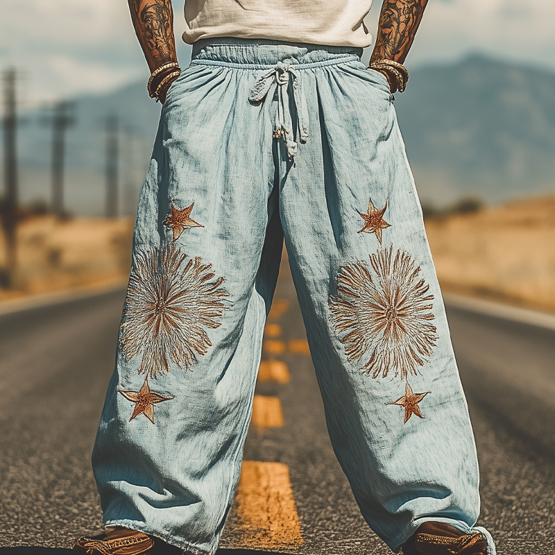 Men's Summer Fashion Casual Western Style Loose Elastic Waist Ramie Embroidery Pants 