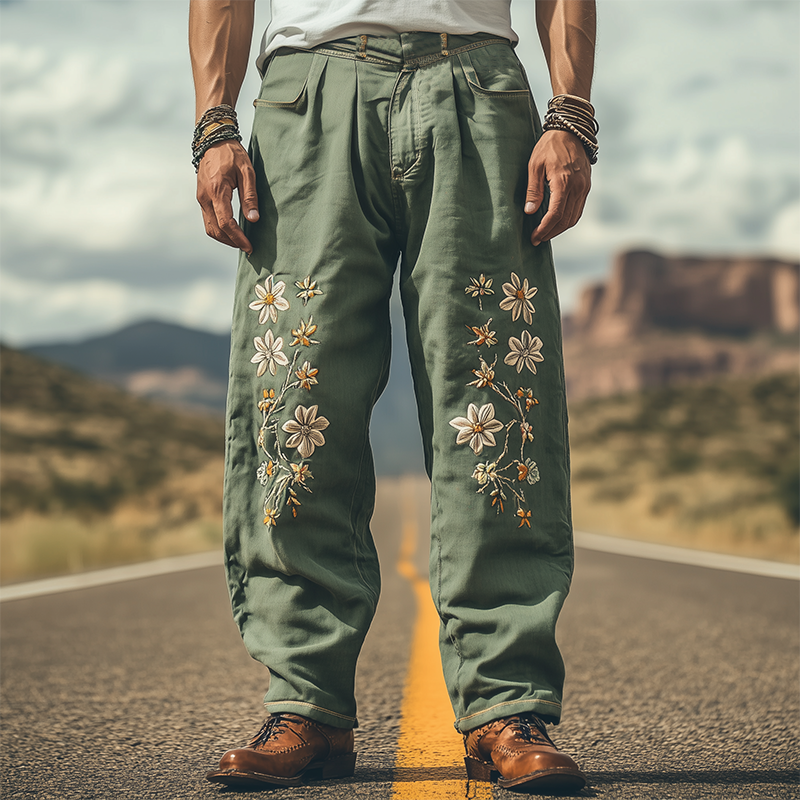 Men's Spring and Summer Fashion Casual Western Style Cotton and Linen Embroidered Pants 