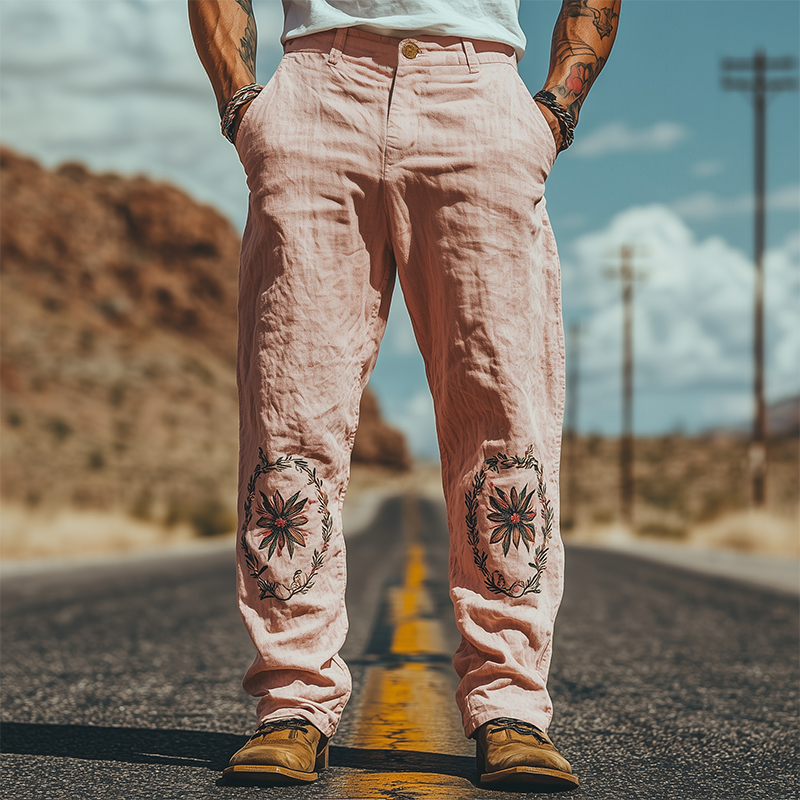 Men's Summer Fashion Casual Western Style Cotton and Linen Embroidered Pants 