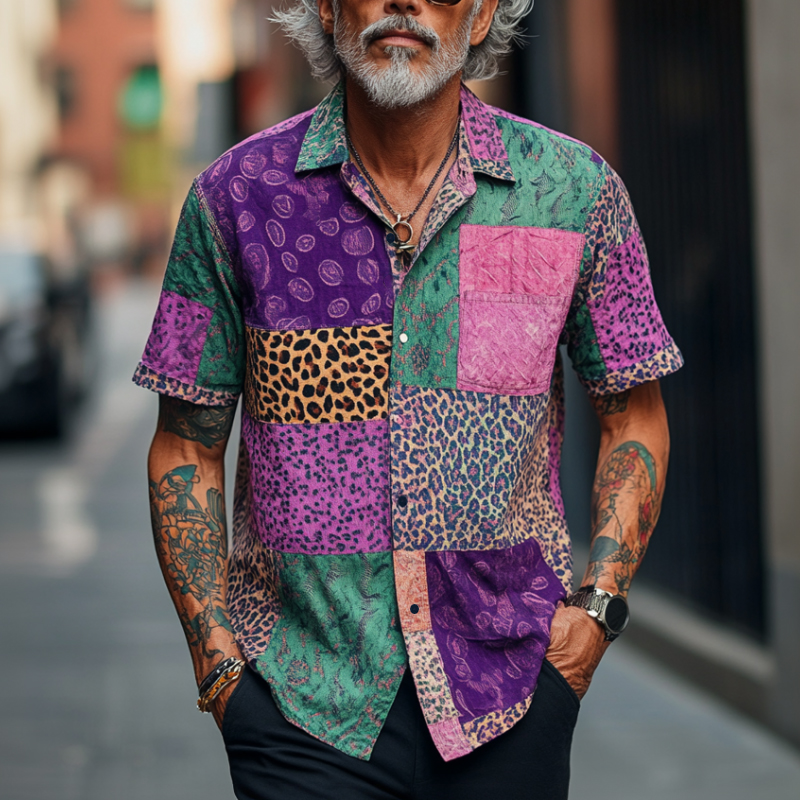 Men's Retro Contrast Graphic Print Lapel Loose Short Sleeve Shirt 