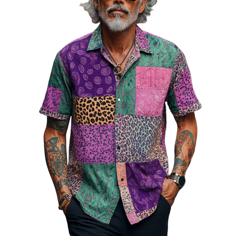 Men's Retro Contrast Graphic Print Lapel Loose Short Sleeve Shirt 