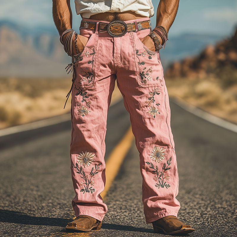 Men's Spring and Summer Fashion Casual Western Style Twill Cotton Embroidered Overalls (Without Belt) 