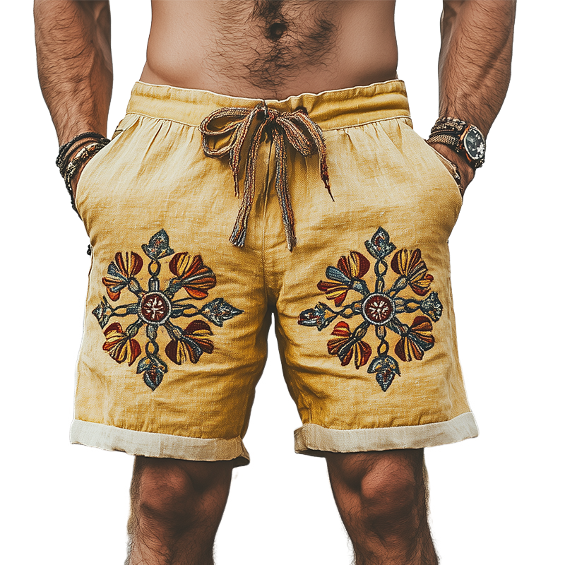 Men's Summer Fashion Casual Western Style Ramie Splicing Embroidery Shorts 