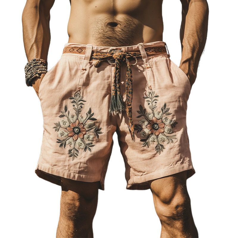Men's Summer Fashion Casual Western Style Ramie Embroidery Shorts (Without Belt)