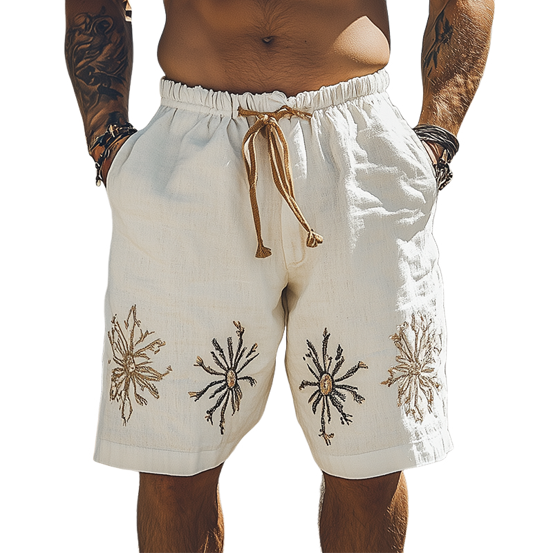 Men's Summer Fashion Casual Western Style Ramie Embroidery Elastic Waist Shorts 
