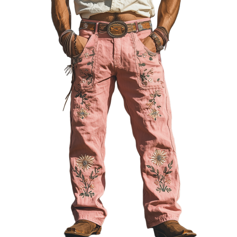 Men's Spring and Summer Fashion Casual Western Style Twill Cotton Embroidered Overalls (Without Belt) 