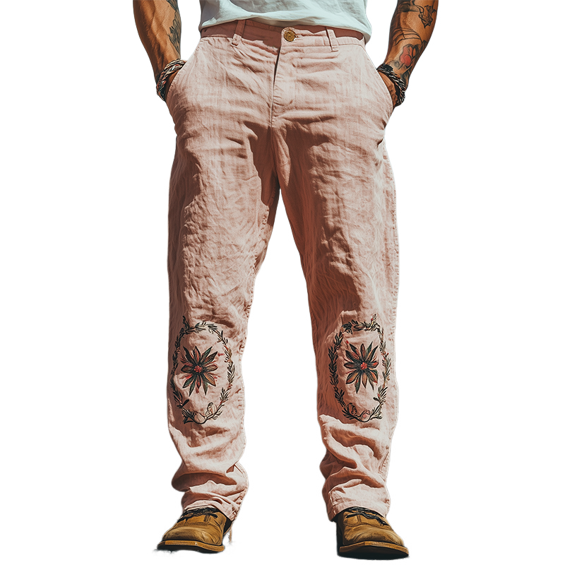 Men's Summer Fashion Casual Western Style Cotton and Linen Embroidered Pants 