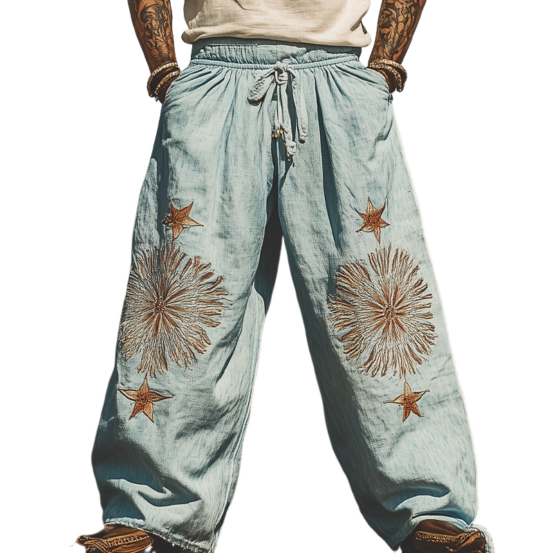 Men's Summer Fashion Casual Western Style Loose Elastic Waist Ramie Embroidery Pants 