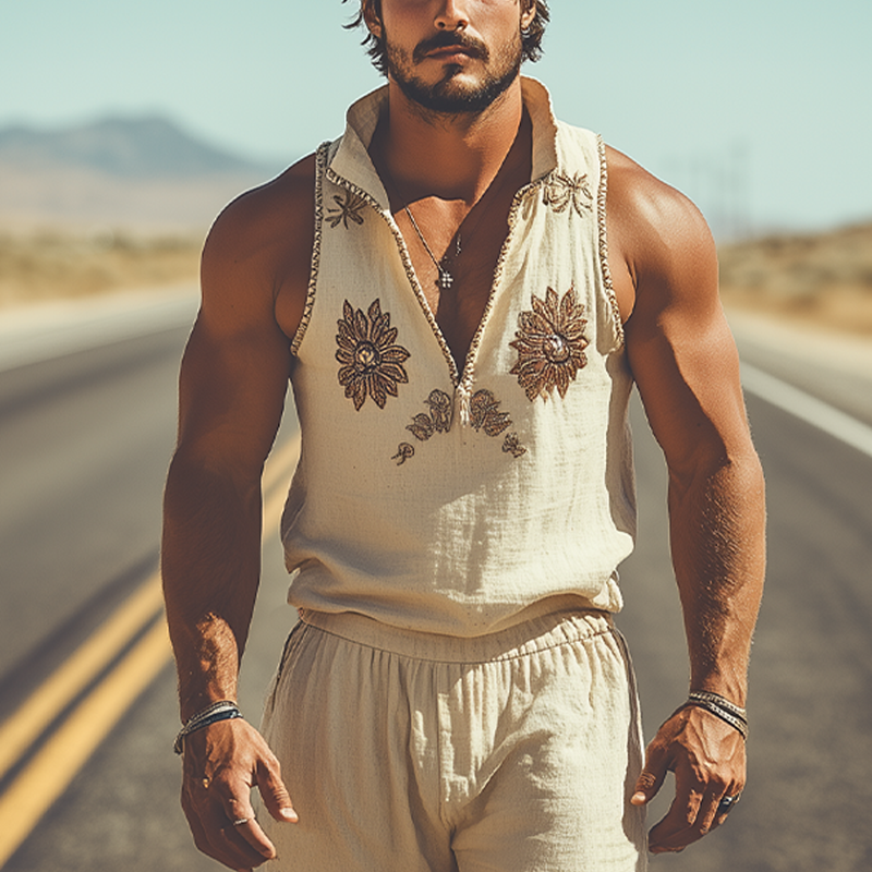 Men's Summer Fashion Retro Western Style Deep V Neck Cotton and Linen Embroidered Tank Top 