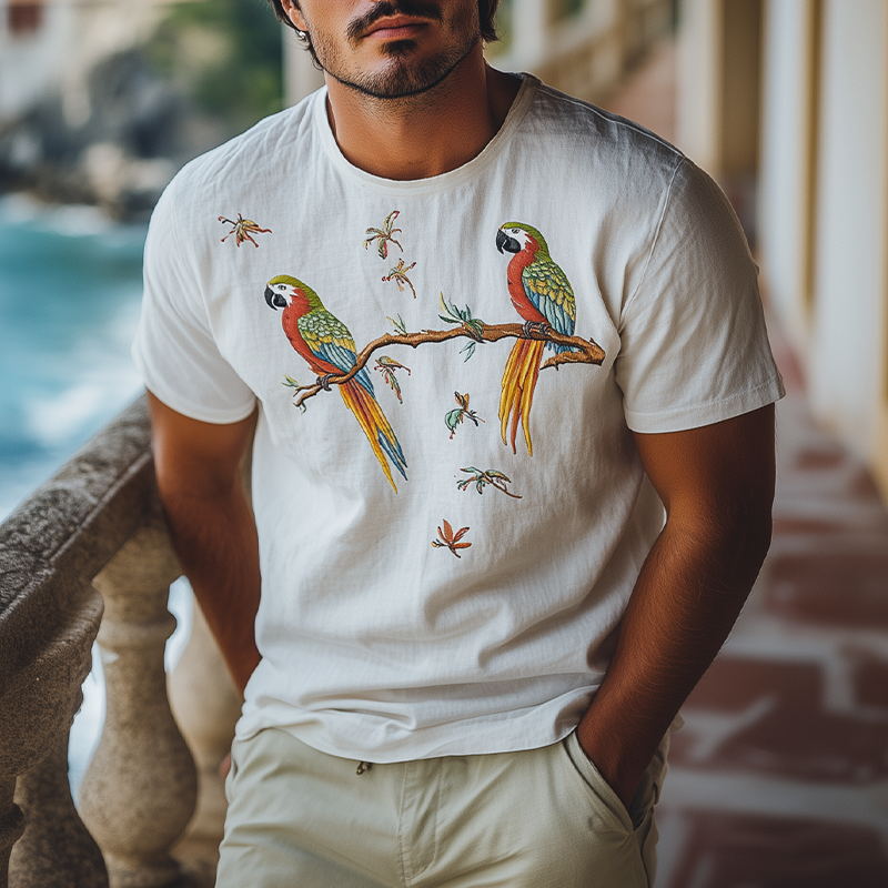 Men's Summer Fashion Hawaiian Style Cotton Blended Animal Embroidery Short Sleeve T-Shirt