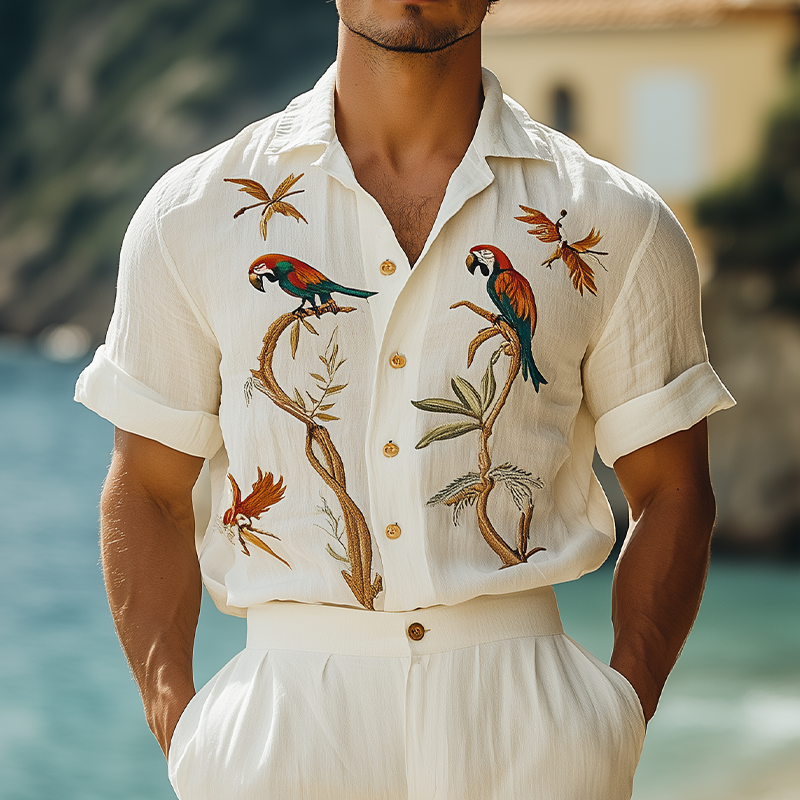 Men's Summer Fashion Hawaiian Style Ramie Animal Embroidery Short Sleeve Shirt