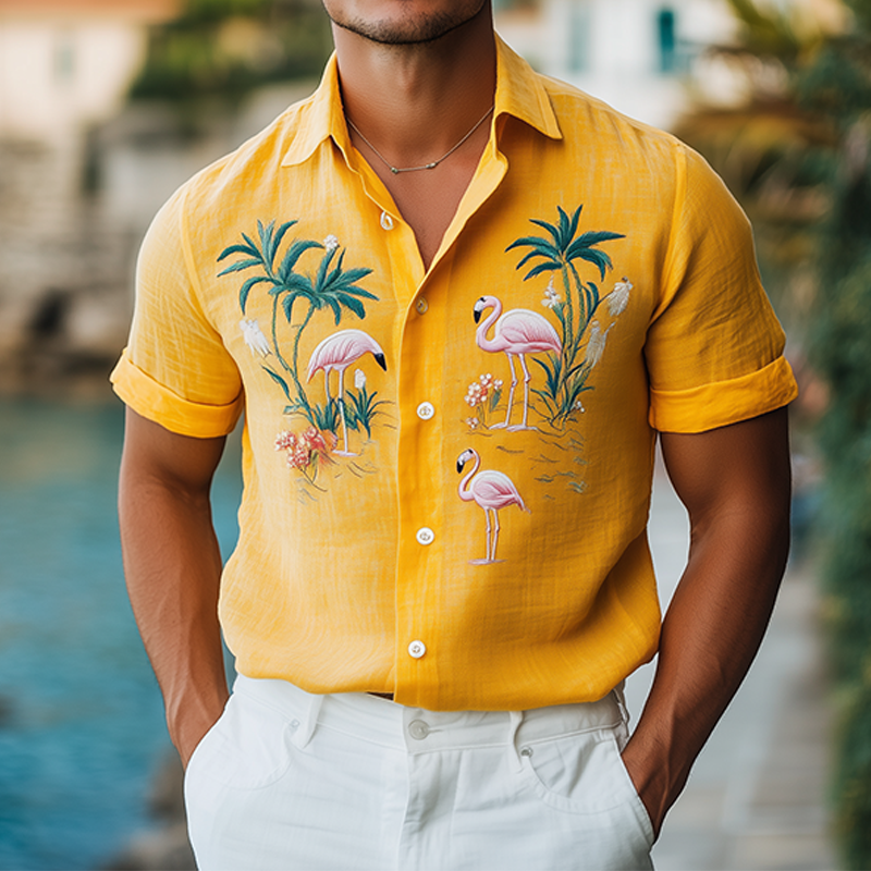 Men's Summer Fashion Hawaiian Style Cotton and Linen Animal Embroidery Short Sleeve Shirt