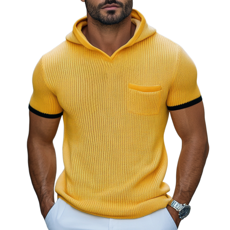 Men's Casual Contrast Color Soft Slim Fit Patch Pocket Knitted Short-Sleeve Hooded Sweater T-Shirt ASW1755D0M