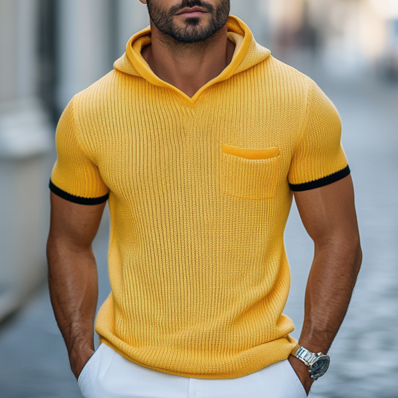 Men's Casual Contrast Color Soft Slim Fit Patch Pocket Knitted Short-Sleeve Hooded Sweater T-Shirt ASW1755D0M
