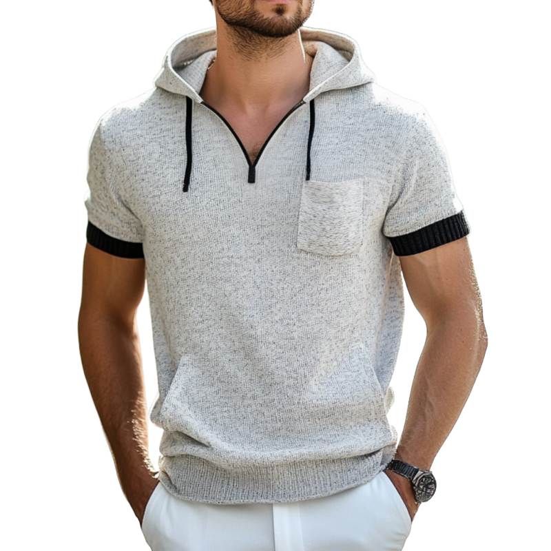 Men's Casual Contrast Color V-Neck Kangaroo Pocket Slim Fit Short Sleeve Hooded Knit Sweater T-Shirt ASW1779D6M