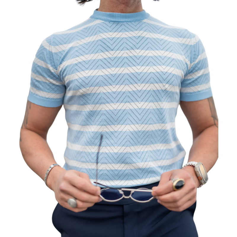 Men's Casual Stand Collar Wavy Striped Breathable Knitted Short Sleeve Sweater T-Shirt ASW1595D0M