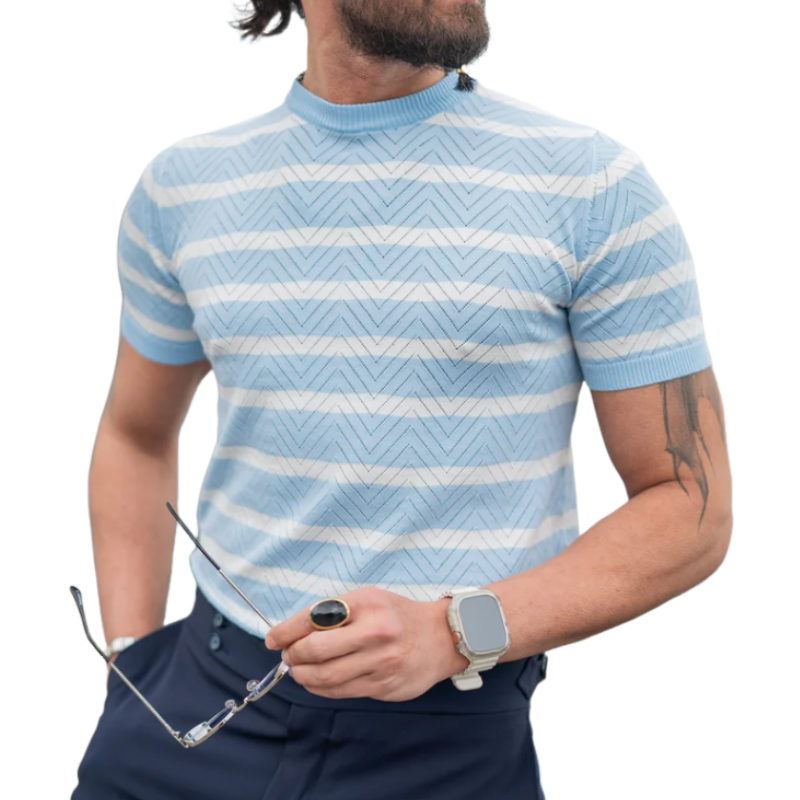 Men's Casual Stand Collar Wavy Striped Breathable Knitted Short Sleeve Sweater T-Shirt ASW1595D0M