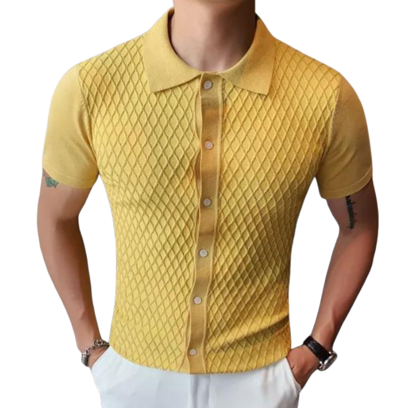 Men's Casual Collar Jacquard Lapel Single Breasted Slim Fit Short Sleeve Knitted Cardigan ASW1595D6M