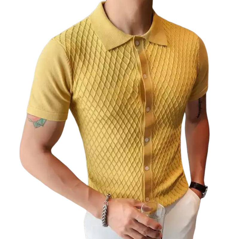 Men's Casual Collar Jacquard Lapel Single Breasted Slim Fit Short Sleeve Knitted Cardigan ASW1595D6M