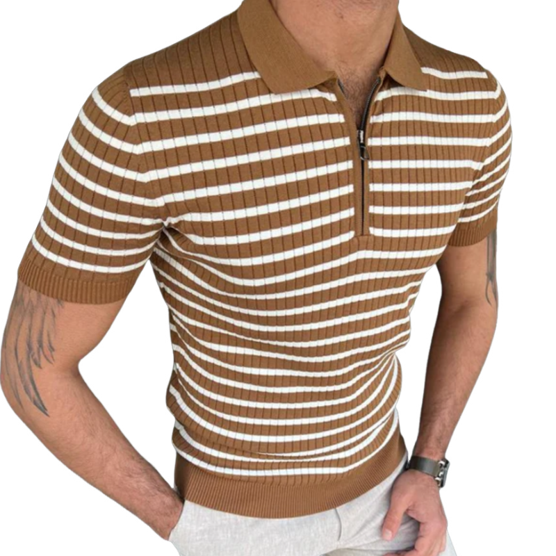 Men's Casual Contrast Stripe Lapel Zipper Slim Fit Knit Short Sleeve Polo Sweater T-Shirt ASW1589D6M