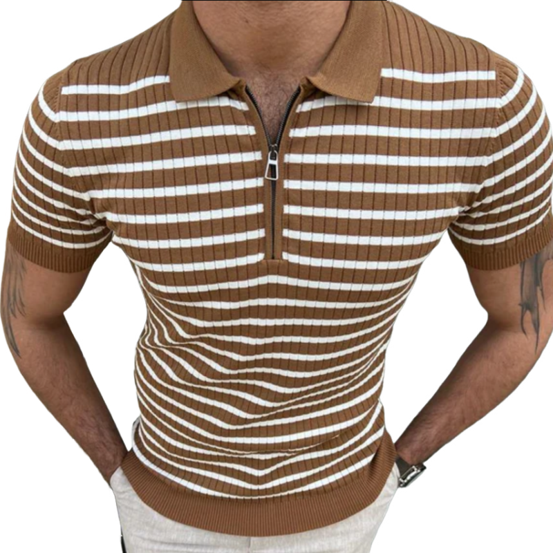 Men's Casual Contrast Stripe Lapel Zipper Slim Fit Knit Short Sleeve Polo Sweater T-Shirt ASW1589D6M