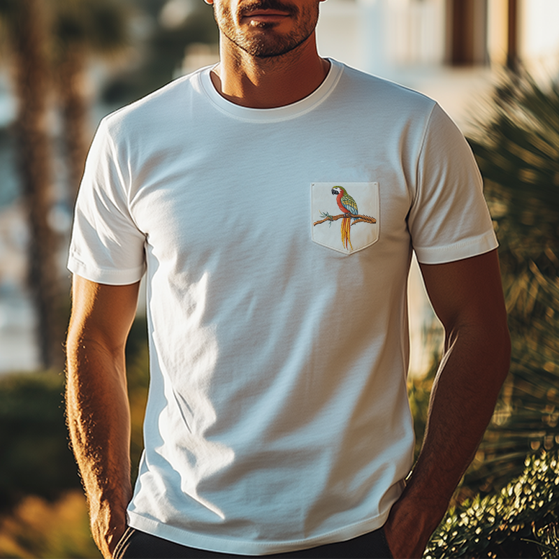 Men's Summer Casual Cotton Blended Slim Pocket Animal Embroidery Short Sleeve T-Shirt