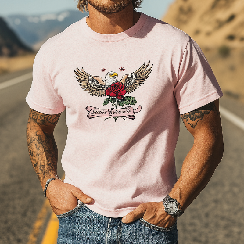 Men's Summer Fashion Casual Cotton Blended Bald Eagle and Rose Embroidered Short Sleeve T-Shirt