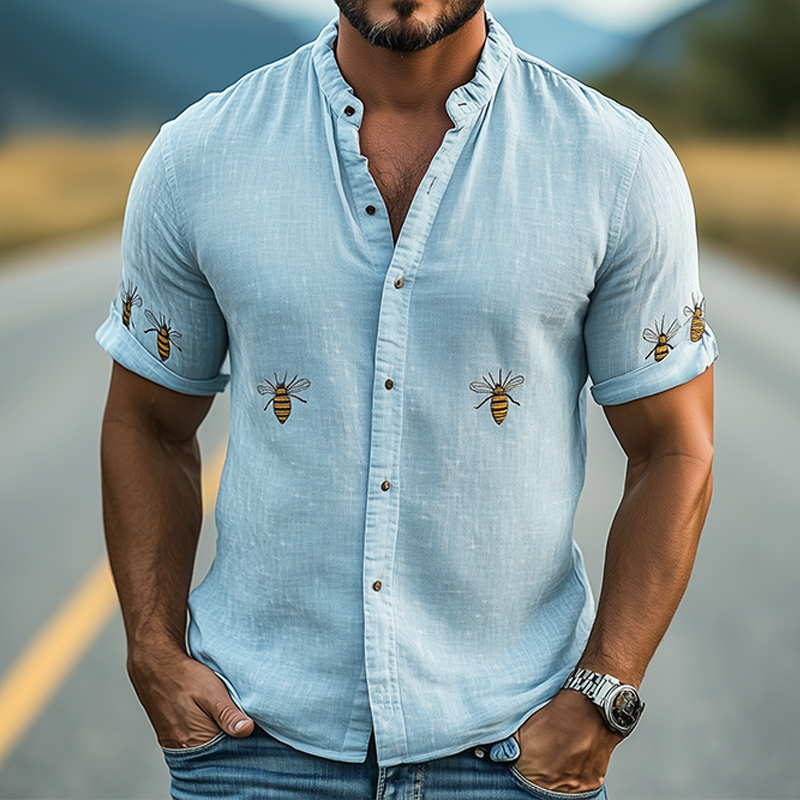 Men's Summer Fashion Casual Stand Collar Cotton and Linen Animal Embroidery Short Sleeve Shirt MTA1838D2K
