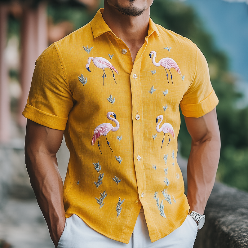 Men's Summer Fashion Hawaiian Style Cotton and Linen Flamingo Embroidered Short Sleeve Shirt