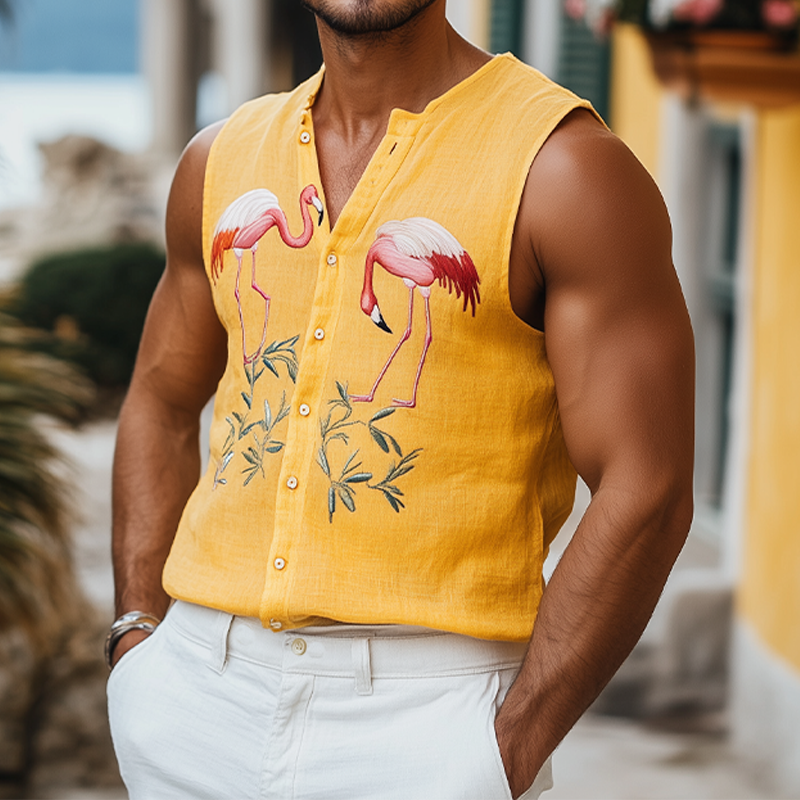 Men's Summer Fashion Casual Hawaiian Style Cotton and Linen Flamingo Embroidered Tank Top