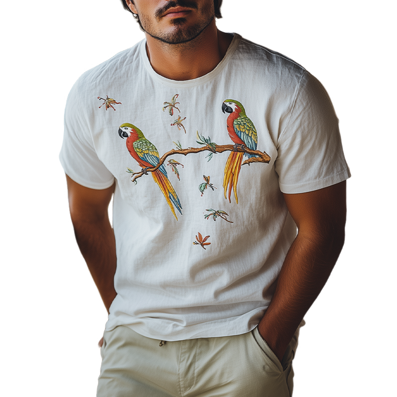 Men's Summer Fashion Hawaiian Style Cotton Blended Animal Embroidery Short Sleeve T-Shirt