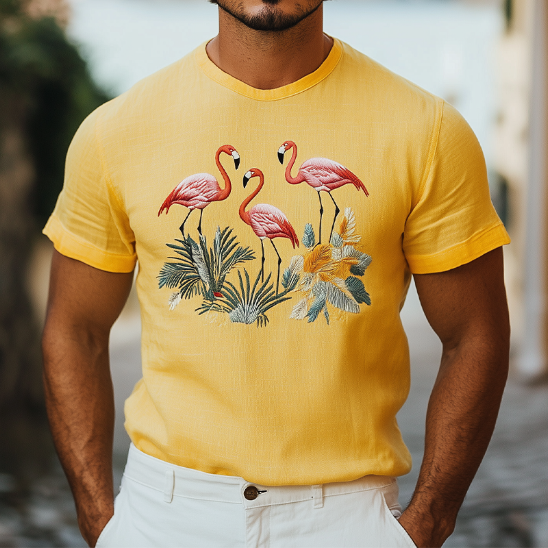 Men's Summer Fashion Hawaiian Style Cotton and Linen Animal Embroidery Short Sleeve T-Shirt