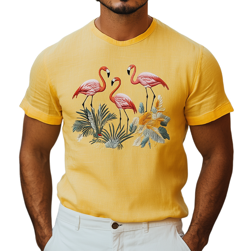 Men's Summer Fashion Hawaiian Style Cotton and Linen Animal Embroidery Short Sleeve T-Shirt