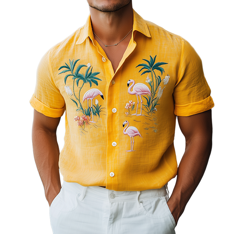 Men's Summer Fashion Hawaiian Style Cotton and Linen Animal Embroidery Short Sleeve Shirt