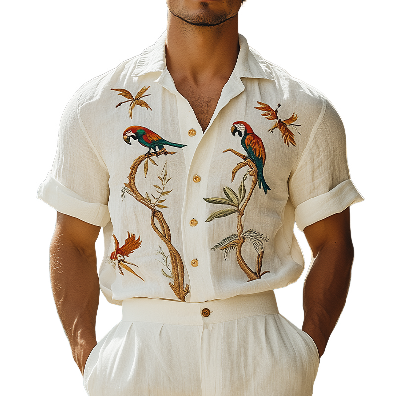 Men's Summer Fashion Hawaiian Style Ramie Animal Embroidery Short Sleeve Shirt