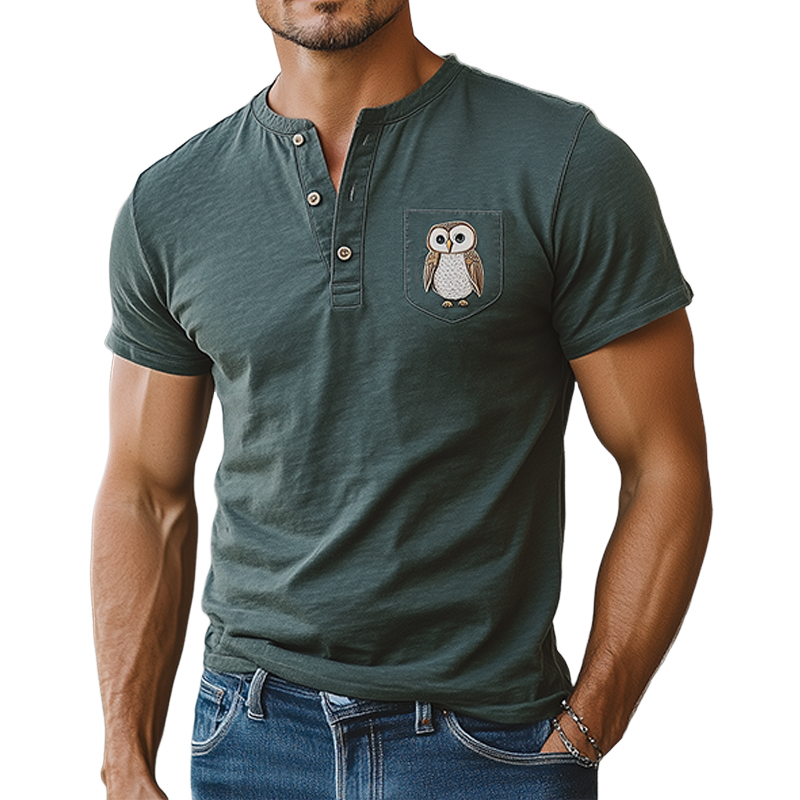 Men's Summer Casual Cotton Blend Slim Fit Henley Collar Pocket Animal Embroidery Short Sleeve T-Shirt