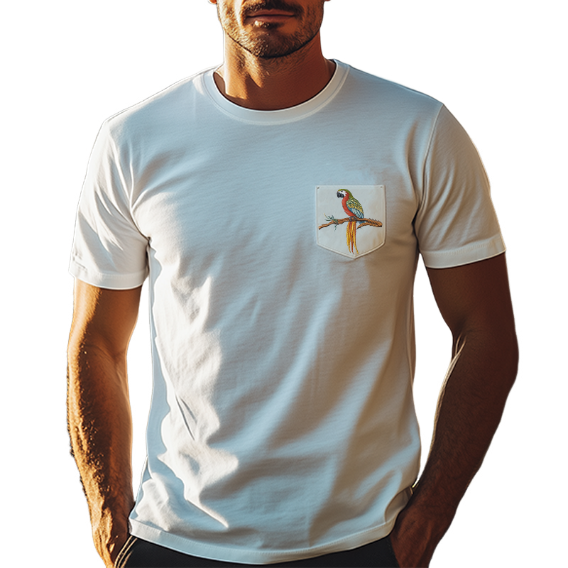 Men's Summer Casual Cotton Blended Slim Pocket Animal Embroidery Short Sleeve T-Shirt