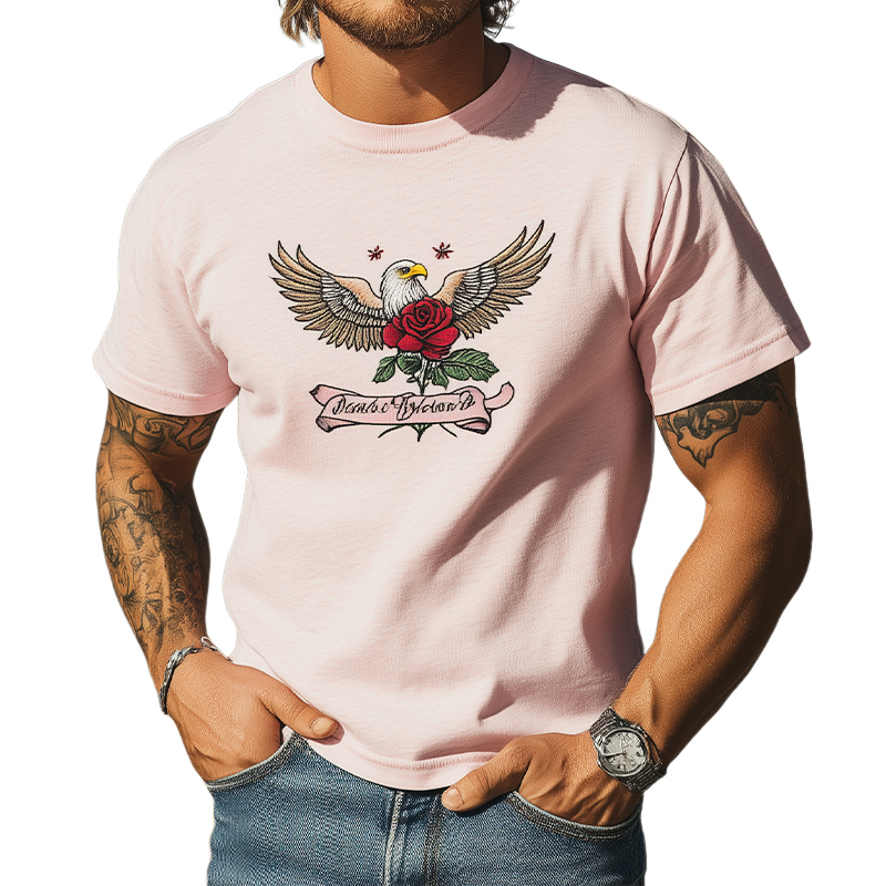 Men's Summer Fashion Casual Cotton Blended Bald Eagle and Rose Embroidered Short Sleeve T-Shirt