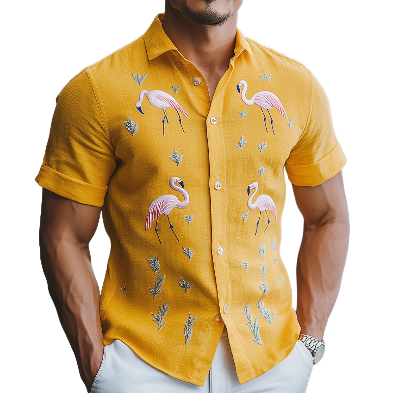 Men's Summer Fashion Hawaiian Style Cotton and Linen Flamingo Embroidered Short Sleeve Shirt