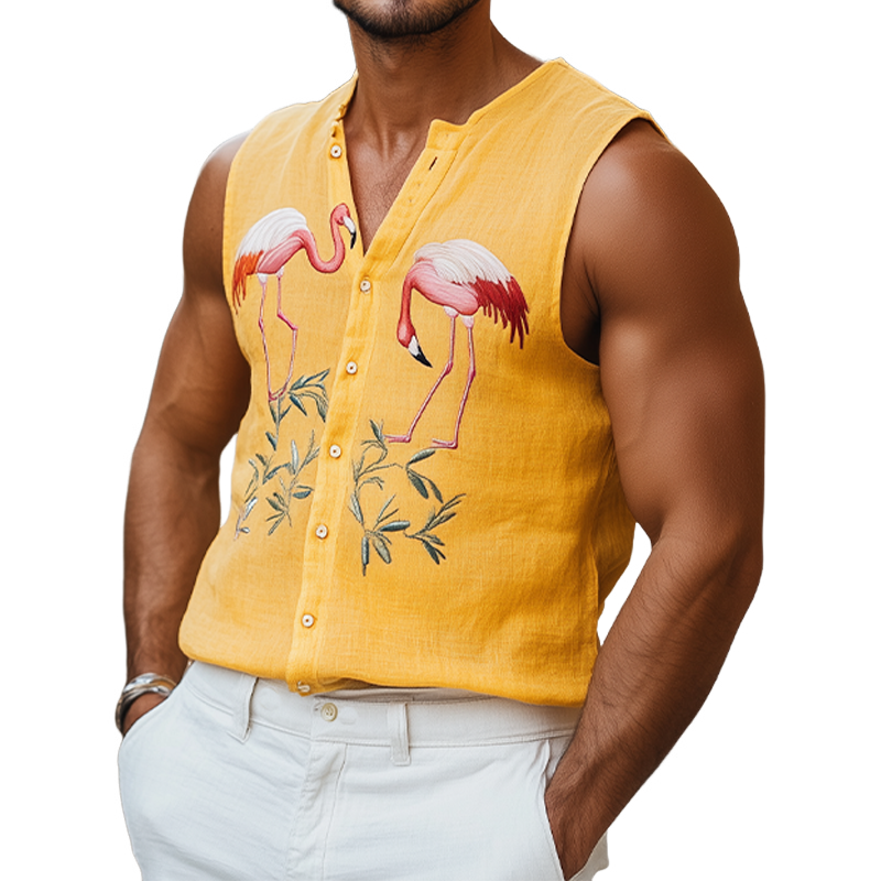 Men's Summer Fashion Casual Hawaiian Style Cotton and Linen Flamingo Embroidered Tank Top