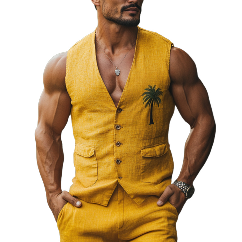 Men's Casual Palm Tree Embroidery Linen V-Neck Single Breasted Slim Fit Suit Vest