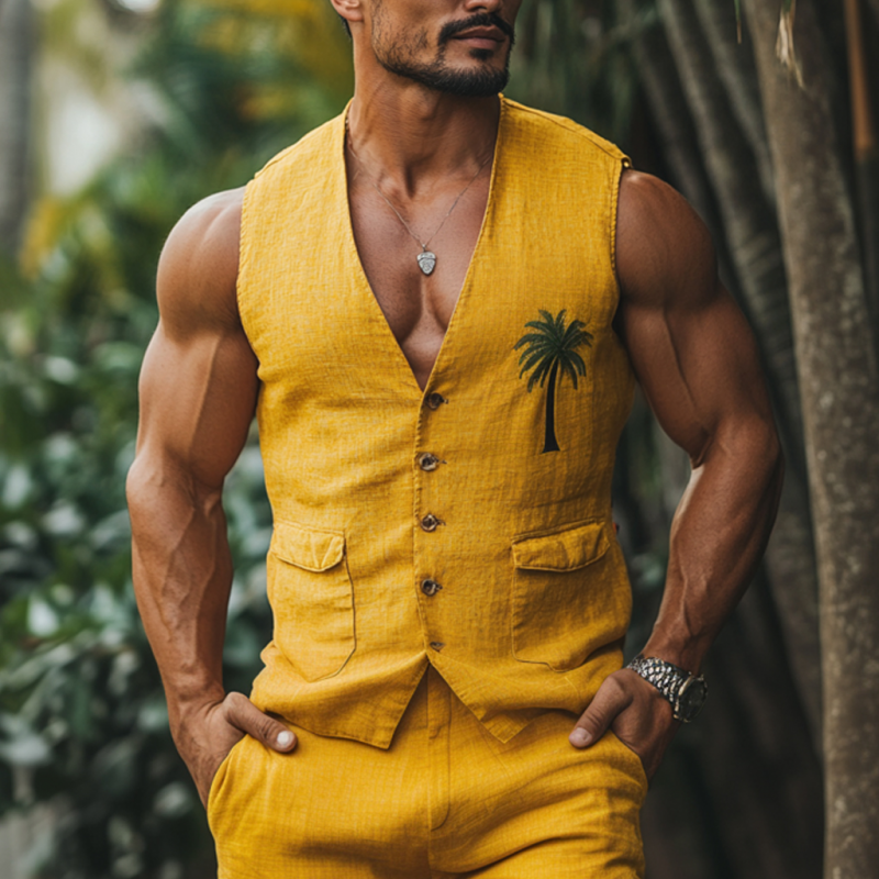 Men's Casual Palm Tree Embroidery Linen V-Neck Single Breasted Slim Fit Suit Vest