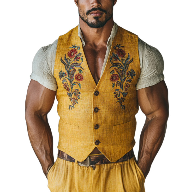 Men's Casual Flower Embroidered Linen V-Neck Single-Breasted Slim Suit Vest