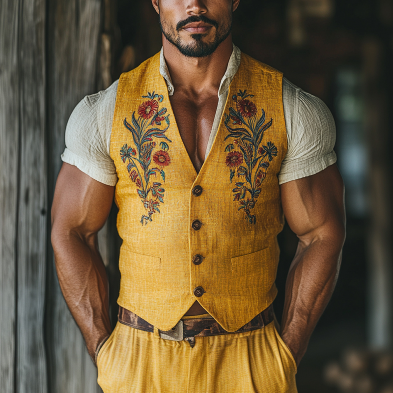 Men's Casual Flower Embroidered Linen V-Neck Single-Breasted Slim Suit Vest