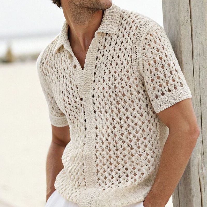 Men's Summer Fashion Hollow Breathable Comfortable Knitted Short Sleeve Shirt ASW2244D4P
