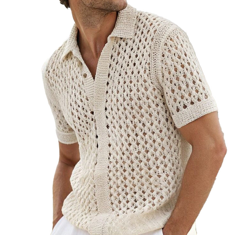 Men's Summer Fashion Hollow Breathable Comfortable Knitted Short Sleeve Shirt ASW2244D4P