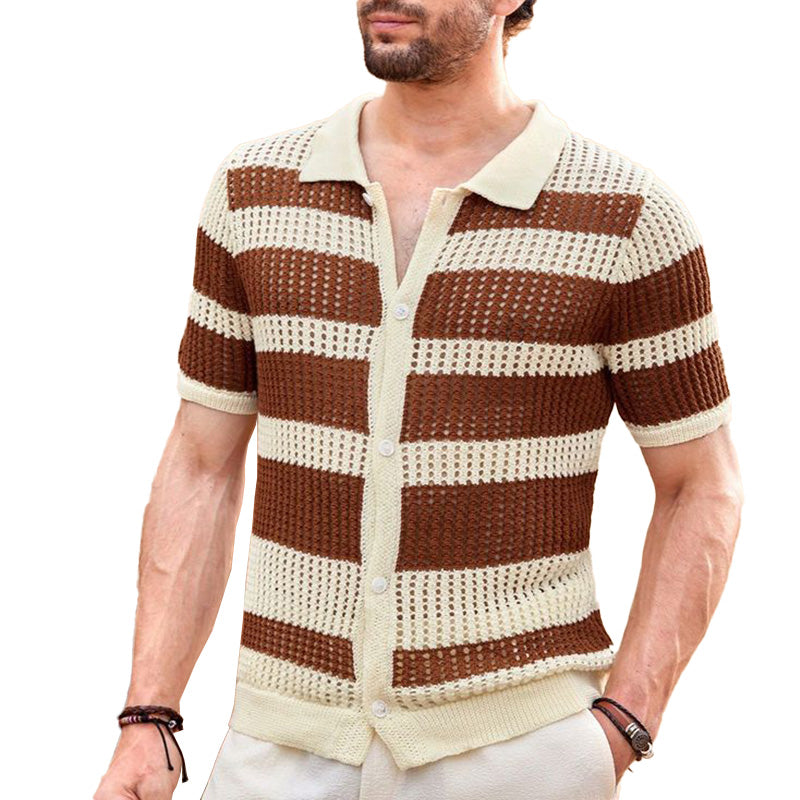 Men's Summer Striped Breathable Comfort Knitted Short Sleeve Shirt ASW2200D0P
