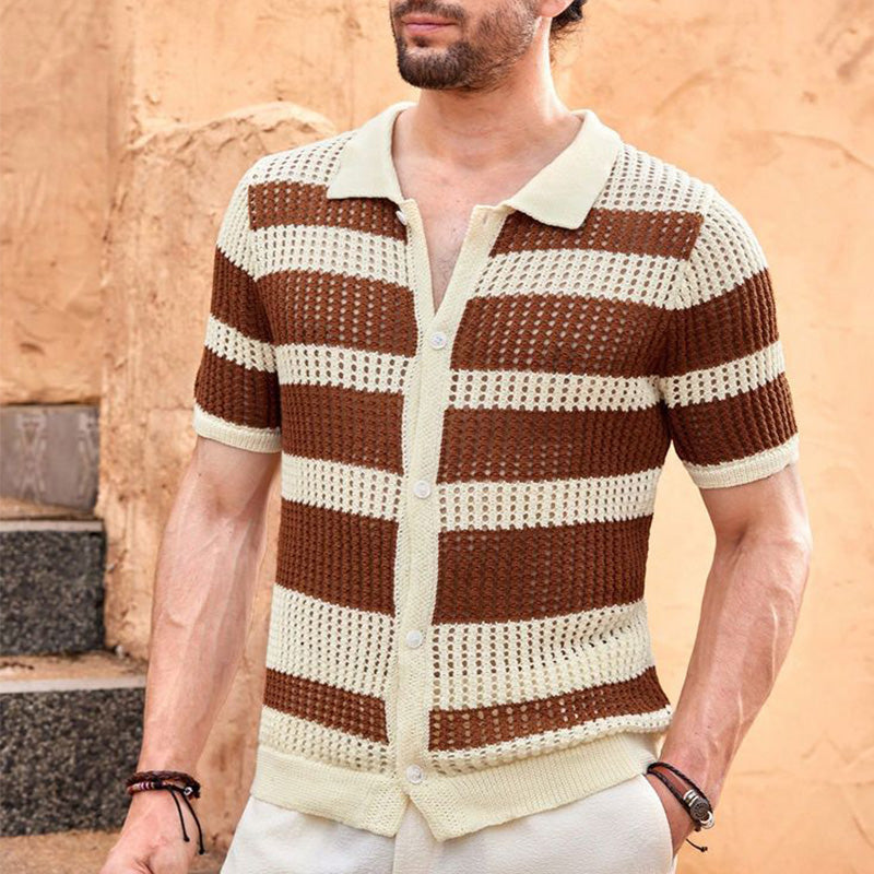Men's Summer Striped Breathable Comfort Knitted Short Sleeve Shirt ASW2200D0P